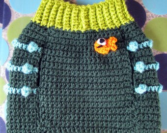 Size M - Dog Sweater Vest - Go Fish - Dark Green - Ready to Ship Today