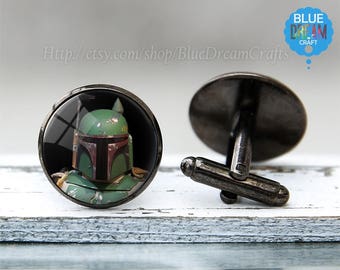 Mens Boba Fett Cufflinks Star Wars Superhero Geekery Comic Nerd Movie Tie Bar for Man Personalized Geekery Gifts Wedding Cuff link for dads