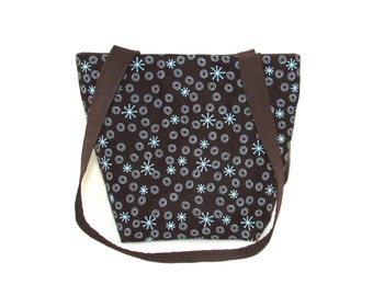 Brown Purse, Small Tote Bag, Blue Circles, Retro Atomic Starburst, Fabric Handmade Handbag, Teen Purse, Cloth Shoulder Bag