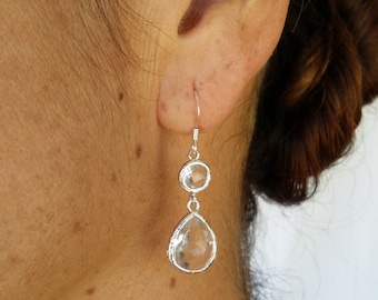 Bezel Set, Drop Earring, Faceted glass, Sterling Silver Ear Wire