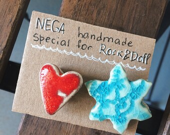 Set of 2 ceramic brooches Heart and Snowflake
