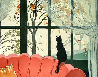 Autumn Musings print from original acrylic painting/cat/fall/retro/deco/print/rddt/print