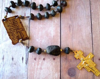 Franciscan Crown Rosary of "Stone Look" Black Glass with Canticle of the Creatures Center and San Damiano Cross