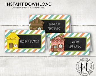 Three Little Pigs Birthday Tent Cards | Pig Birthday Menu Cards | Three Little Pigs Birthday | Pig Party Menu Cards