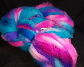 Alpaca cormo wool firestar roving hand dyed wham neon pink and blue