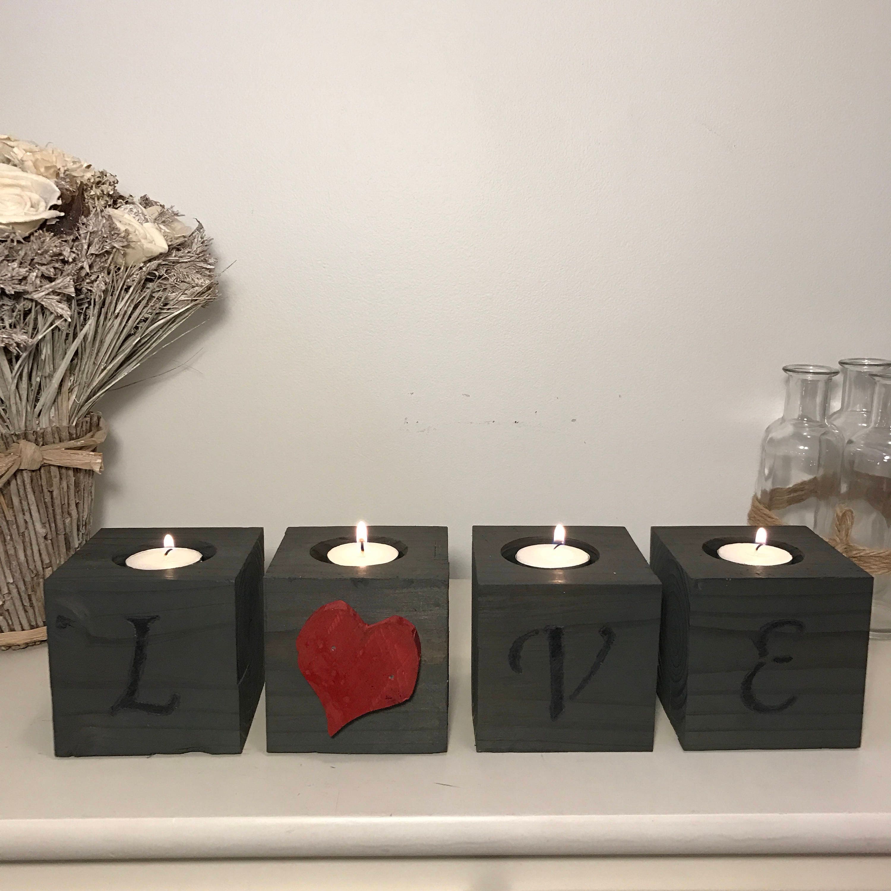 Set of 4 Rustic Wood Block Candle Holder Rustic Home Decor