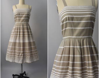 50 AND UNDER • 1970's Lanz taupe stripe sun dress • large