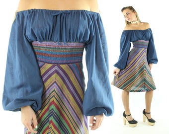 Vintage 70s Striped Dress Off The Shoulders Empire Waist Peasant Gypsy 1970s Small S Vicky Vaughn Blue Rainbow