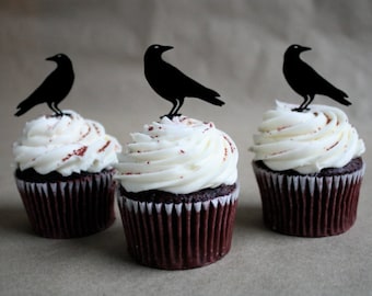 12 Raven Halloween Cupcake Toppers (Acrylic)