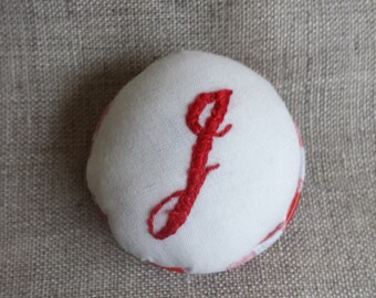 Upcycled Pin Cushion Brooch with Hand Embroidered Monogram 'J'