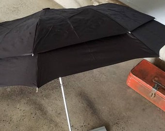 Vintage London Fog Black Umbrella. Push Button Open. Double Overlapping Canopy Design.