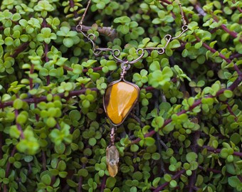 Structural Yellow Mookiate and Iron-Stained Rough Quartz Antiqued Copper Wire Wrapped Pendant