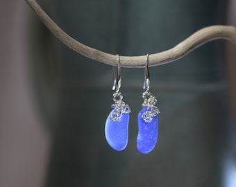 Genuine Sea Glass earrings - genuine Sea Glass -Sterling silver -Beach Glass -Jewelry -surf tumbled -handcrafted - cobalt blue