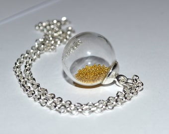Glass Ball Necklace, Clear Glass Orb, Bottle Necklace, Round Glass Pendant, Glass Globe Necklace, Silver and Gold, Snow Globe Necklace