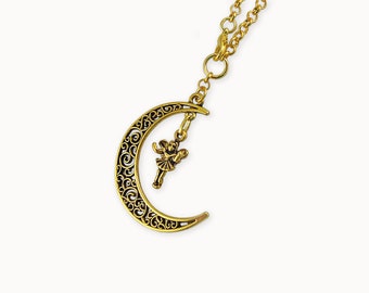 Fairy Moon Rearview Mirror Accessory with Antique Gold Charms, Car Accessories, Fantasy Rear View Mirror Hanger, Car Jewelry Dangle