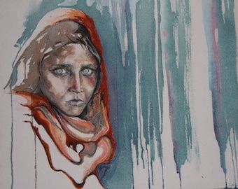 Afghan girl (inspired by iconic photo by Steve McCurry) Inks, oil pastels on canvass