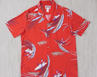 Vintage Hawaiian Shirt PARADISE FOUND Funky Feathers and Ferns 80s Aloha Shirt Surfer Beach Wear Red Mens Camp - M - Oahu Lew's Shirt Shack