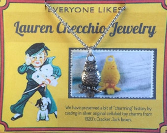 Owl charm, Sterling, double sided, cast from crackerjack toy from the 1920's