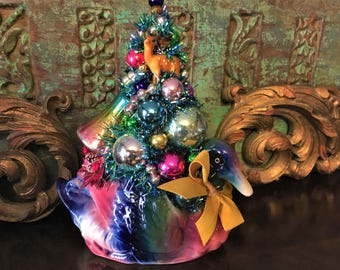 Christmas Mallard Duck Vintage Planter Bottle Brush Tree Arrangement Shiny Brite Mercury Glass Ornaments