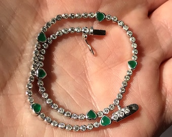 Resereved 18k ct carat white gold diamond heart shaped emerald tennis bracelet vintage