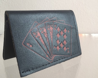 vintage black leather made in usa wallet with red embossed playing cards