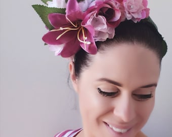 Flower Crown Floral Fascinator Tiara Headband Dusty Pink & Baby Pink