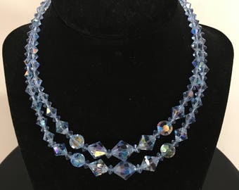 Vintage Double-stand Blue Aurora Borealis Crystal Necklace