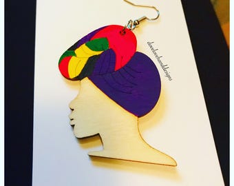 Wooden Earrings - Multi-Color Head Wrap Queen
