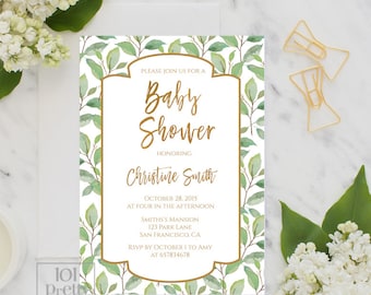 Greenery Baby shower party invitation design printable baby shower invitation design gender neutral botanical baby shower gold green floral