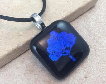 ON SALE Tree of Life Necklace, Blue Dichroic Pendant, Fused Glass Jewelry, Dichroic Glass Jewelry, Dichroic Pendant Necklace - HEA449