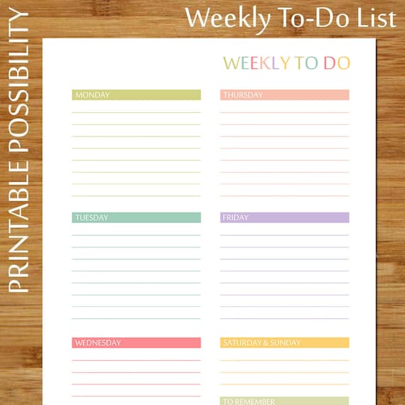 Printable Weekly To Do List PASTELS Colorful Weekly To Do