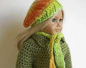 18 Inch Doll Crocheted Beret and Scarf Set in Lime Green and Orange Handmade to Fit the American Girl and Other 18" Dolls - Ready to Ship