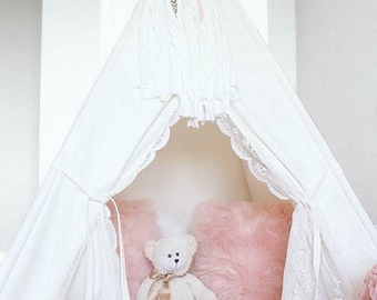White Lace Teepee WITH POLES, Canvas Teepee, Play Tent, Kids Teepee, Nursery