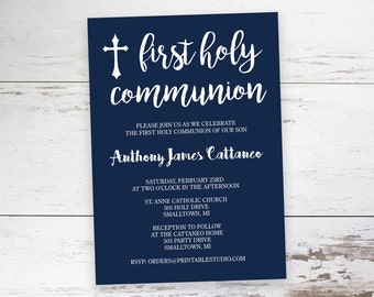 Navy and White First Communion Invitation - Printable First Communion Invitation - Boys Communion Invitation by Printable Studio