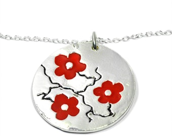Red Cherry Blossom necklace. Sterling silver.