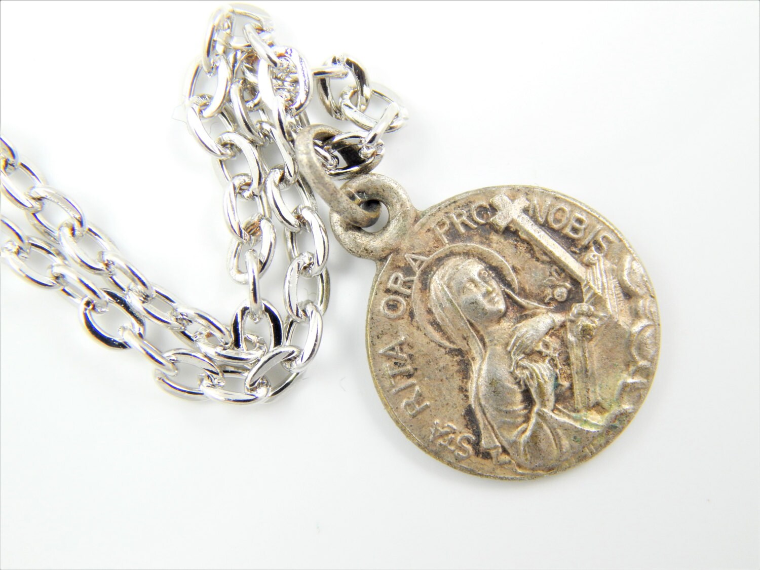 Saint Rita Saint Augustine Necklace Antique Catholic Medal