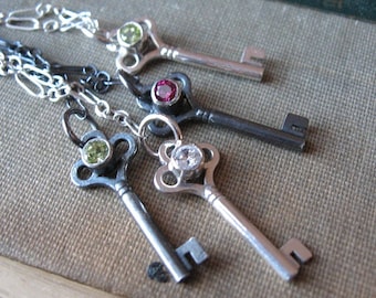 Peridot Key Necklace Gemstone Key Charm Necklace in Sterling Silver with Oxidized gothic necklace Steampunk Key Charm Birthstone Necklace