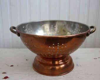 Vintage Copper Colander, Pedestal Colander, Brass Handles, Copper Kitchen, Farmhouse Kitchen, Country Kitchen Decor, Copper Colander