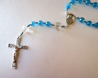 March Birthstone Rosary, Aquamarine colored Glass Catholic Rosary with Scapular Medal Center