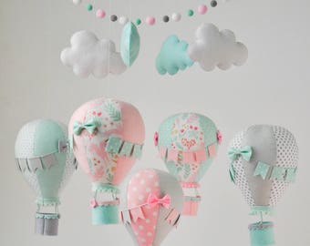 Personalized Hot Air Balloon Baby Mobile, Pastel mint pink grey Baby Mobile, Nursery Decor, Balloon Nursery, Baby Shower Gift