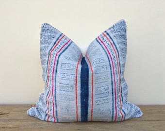 Vintage Farmhouse hemp Tribal Indigo Hand Print Patch Work Pillow Case 20" x 20" Pieces Of Retro Tribal Costume, Boro ethnic design cushion