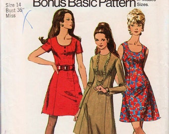Princess Seam Dress Pattern 1970s Mini Dress Pattern Scoop Neck Dress SIMPLICITY 8884 bust 36" Retro Dress Pattern 1970s Dress Pattern