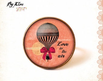 Ring Cabochon • Love is the air • hot air balloon bow pink black glass