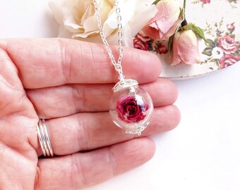 Real Rose Necklace, Real Flower Necklace, Red Rose Necklace, Anniversary Gift, Real Flower Jewelry, Romantic Gift, Beauty and the Beast,
