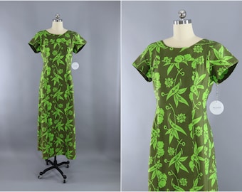 Vintage 1960s Hawaiian Print Dress / Maxi Dress / Aloha Dress / Olive Green Floral Print / Loke Hawaii / Watteau Train