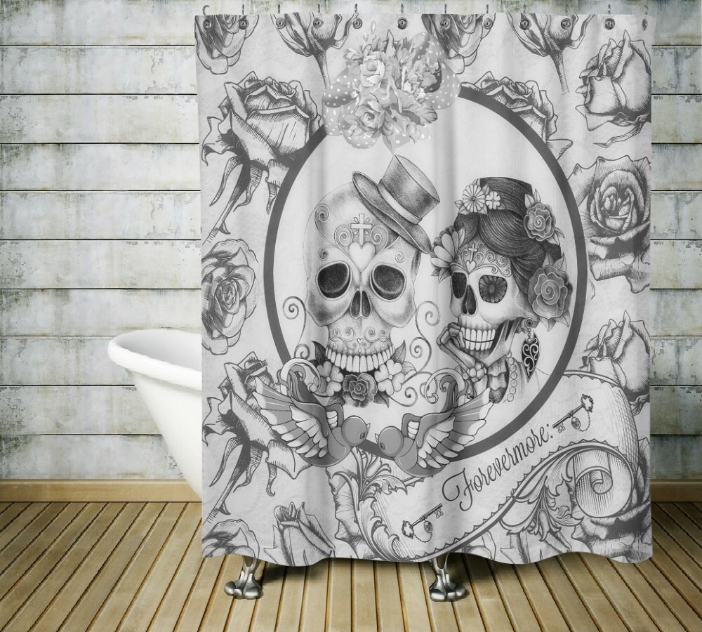 Sugar Skull Shower Curtain Forevermore Black And White Zoom