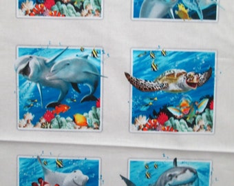 Sea Turtle Dolphin Clownfish Tropical Fish 15 Block Cotton Panel