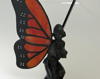 Stained Glass Angel Monarch Butterfly Hand-Painted Kneeling Fairy Figurine - Made to Order (MON030)