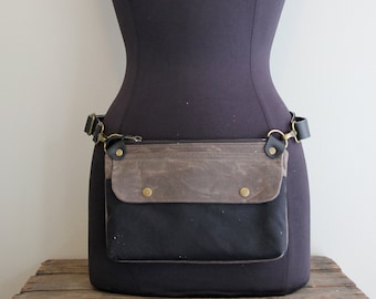 Fanny Pack Hip Pouch Brown and Black Waxed Canvas