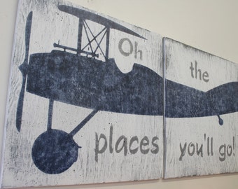 Oh The Places You'll Go Wood Sign Boys Nursery Wall Art Vintage Airplane Sign Gray And Navy Nursery Above Crib Decor Baby Gift